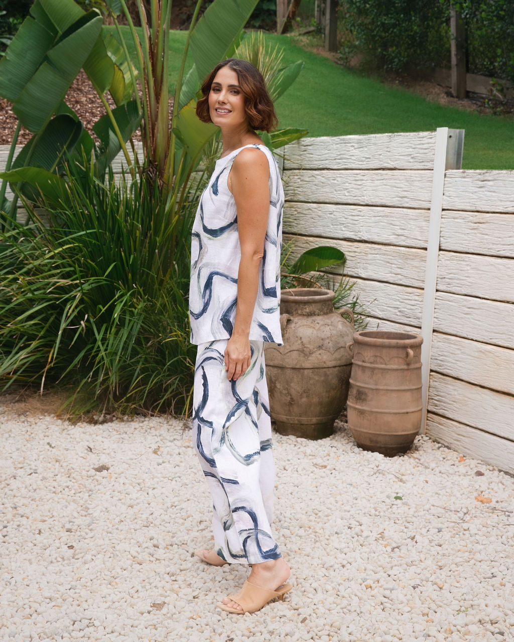 Model wearing See Saw 100% Linen Riverstone set including the Palazzo pant.