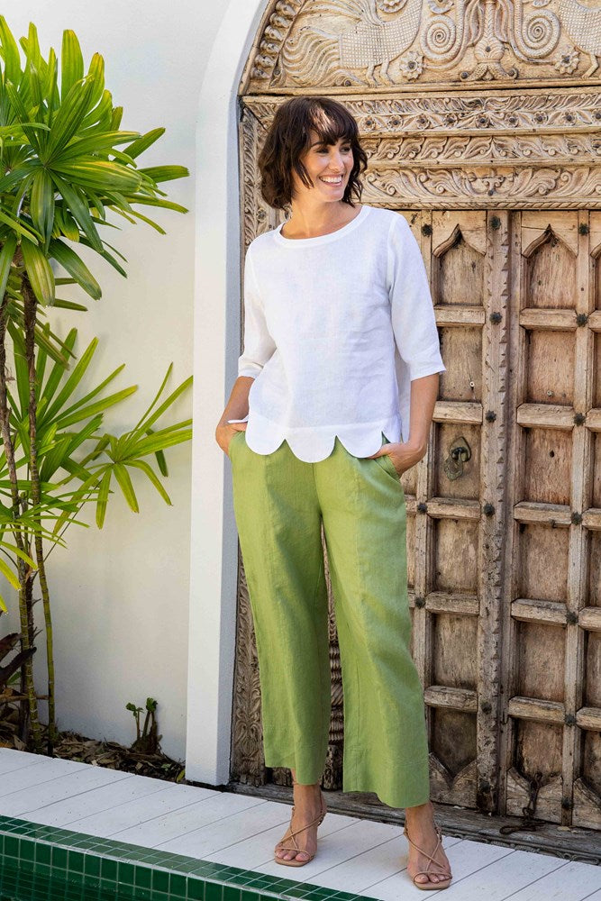 Linen Scallop Hem Short Sleeve Top