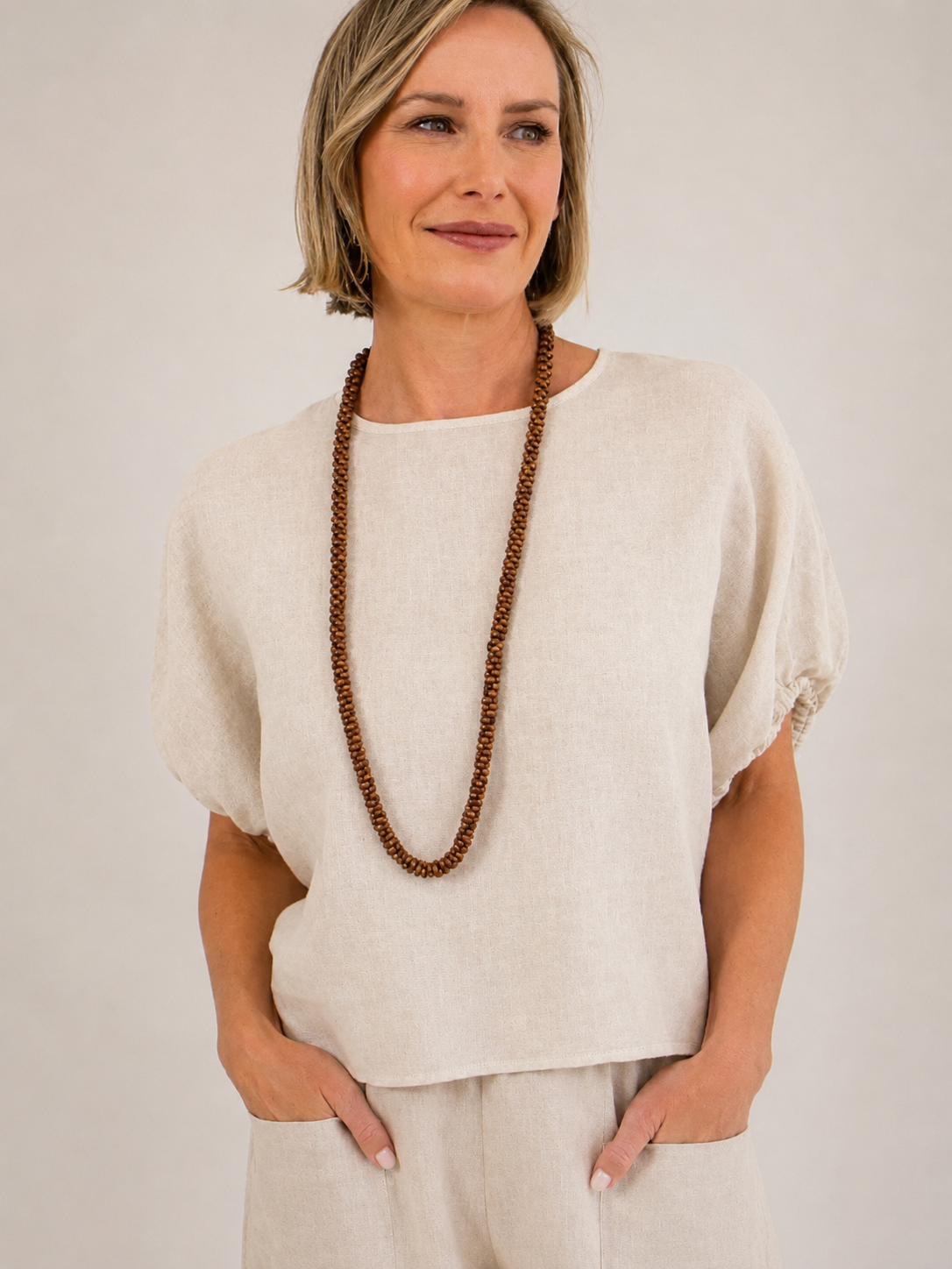 100% Linen  Elastic Sleeve Top