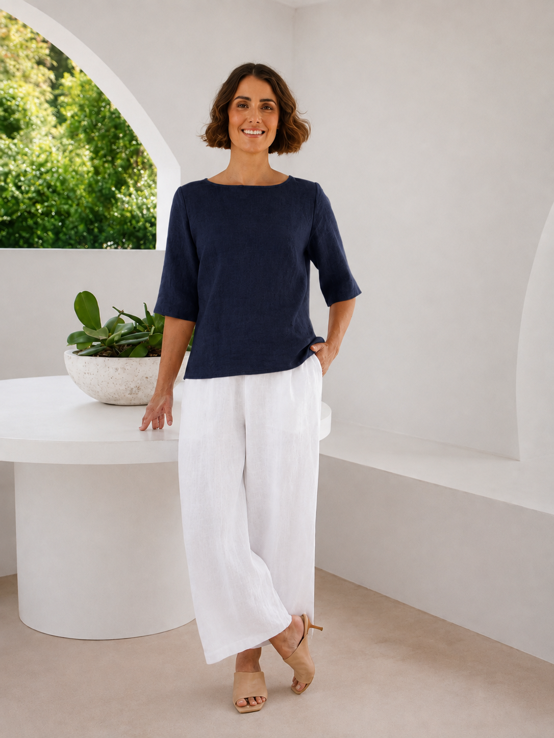 Boat Neck Button Back Top