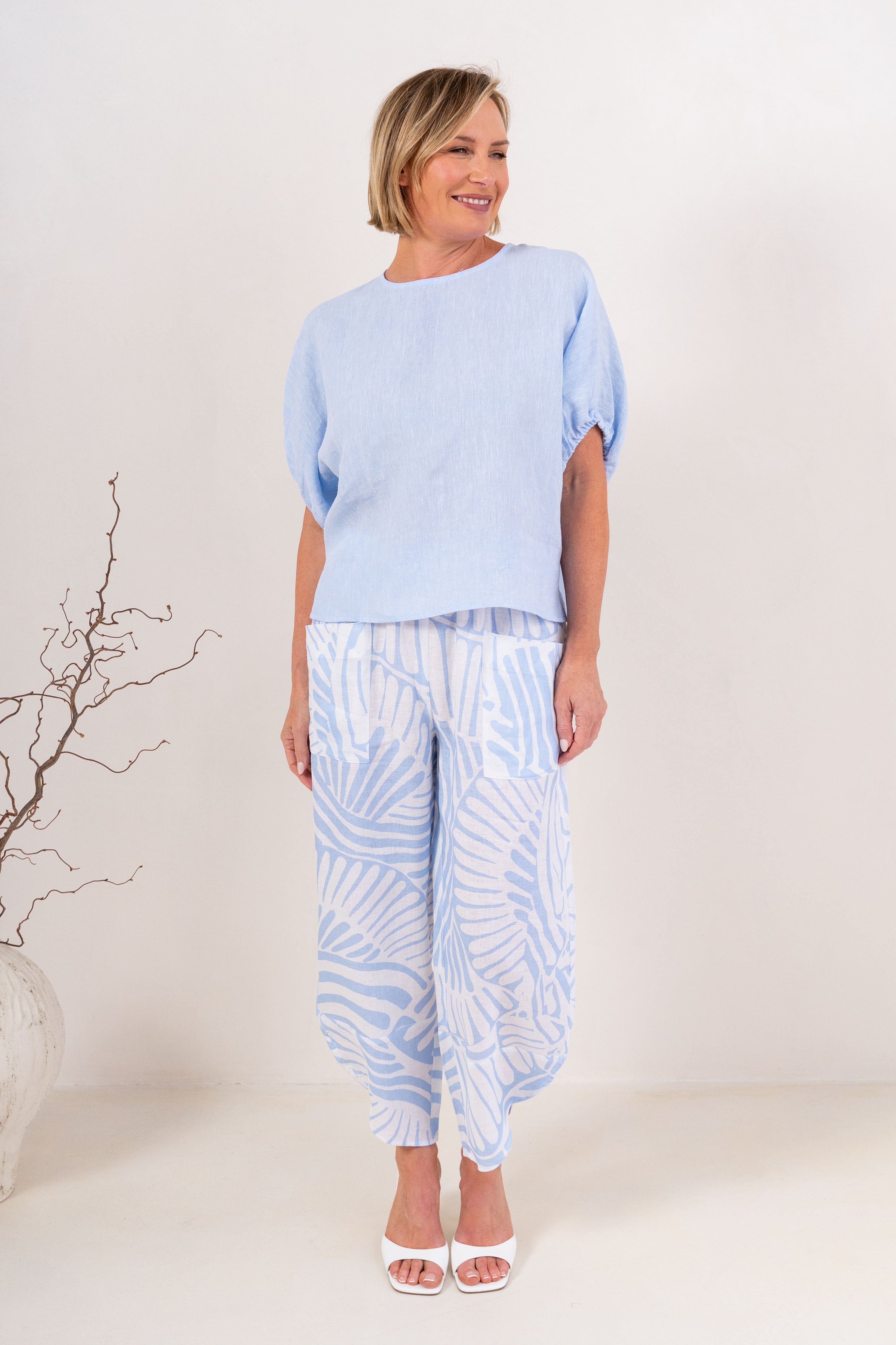 100% Linen  Elastic Sleeve Top